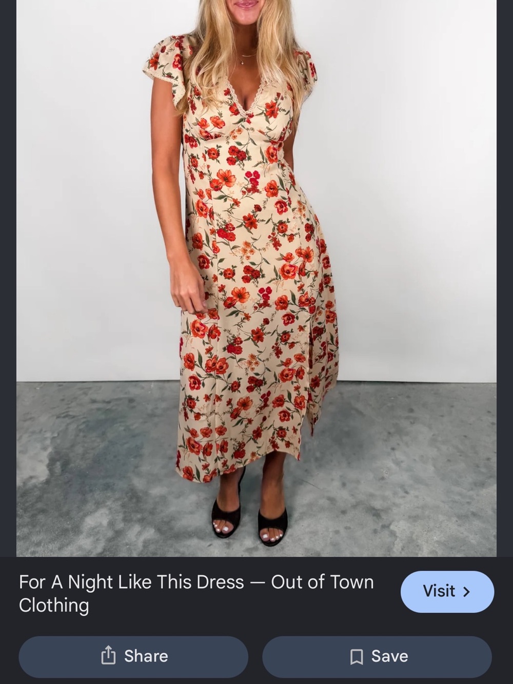 Cream Floral Midi Dress with Red-Orange Blooms